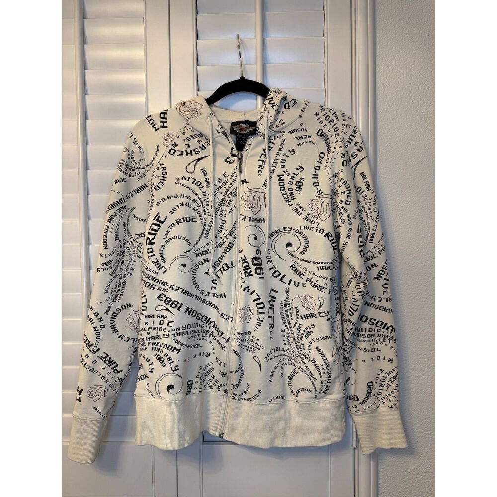 Harley Davidson All Over Print Graffiti Zip Up Hoodie Jacket Y2K Biker - M